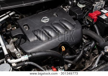 Novosibirsk, Russia - May 15, 2019:  Nissan Xtrail,close-up Of The Engine, Front View. Photography O