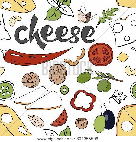 Seamless Food Pattern With Cheese And Vegetables Elements. Vector Bright Food Pattern
