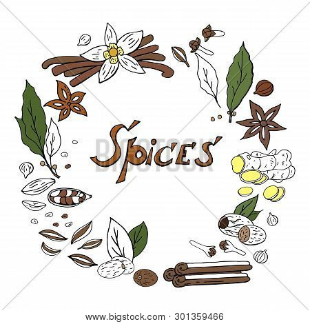 Vector Hand Drwan Spices Wreath Isolated On White