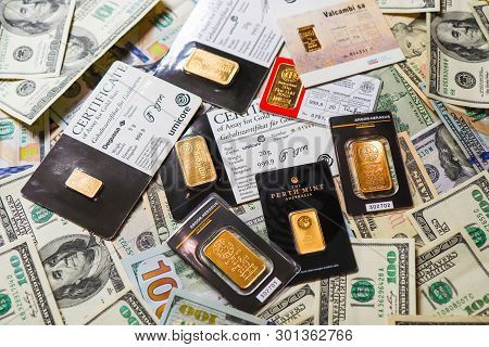 Kiev, Ukraine - April 17, 2019: Gold Bars From Different Manufacturers Umicore, Valcambi, Perth Mint
