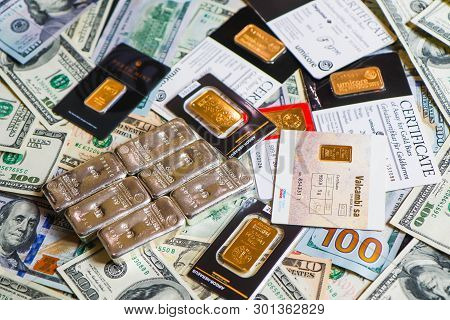 Kiev, Ukraine - April 17, 2019: Gold And Silver Bars From Different Manufacturers: Umicore, Valcambi