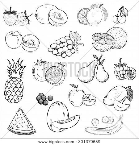 Set Of Icons Drawn Fruit. Orange, Peach, Plum, Banana, Watermelon, Pineapple, Papaya, Grapes Cherry 