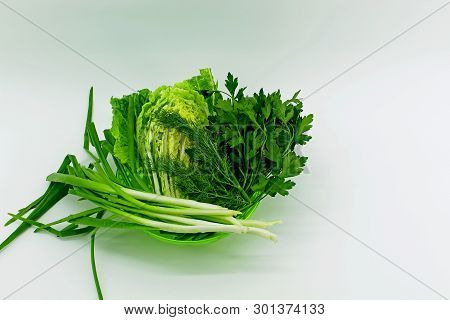 In A Deep Green Bowl Are The Ingredients Of The Salad. Beijing Cabbage, Green Onions, Dill And Parsl