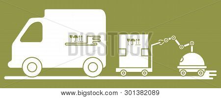 Vector Illustration With Robot Loader Loads Boxes Into A Truck. Automation Warehouse Processes. Smar