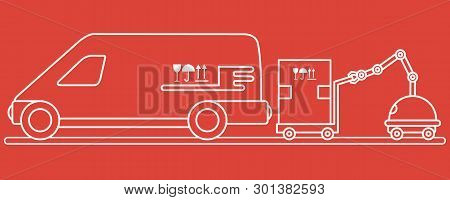 Vector Illustration With Robot Loader Loads Boxes Into A Car. Automation Warehouse Processes. Smart 