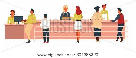 Canteen Line Men And Women With Trays Cash Machine And Counter