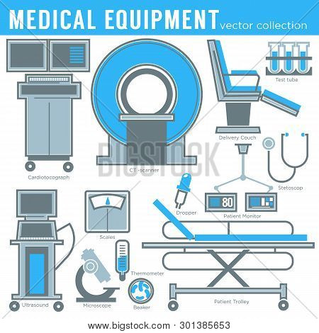 Medicine And Healthcare Medical Equipment Tools And Technology Isolated Objects Vector Mri And Gurne