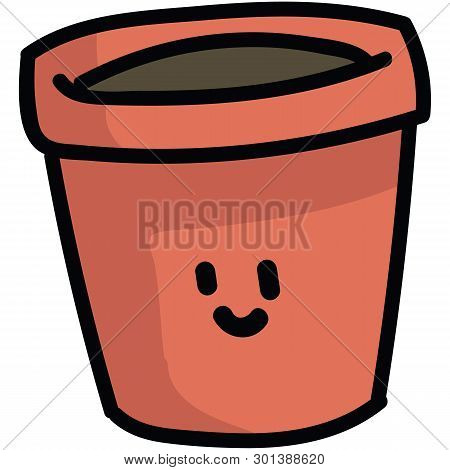 Cute Terracotta Plant Pot With Kawaii Face Cartoon Vector Illustration Motif Set. Hand Drawn For Dom