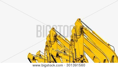 Yellow Backhoe With Hydraulic Piston Arm Isolated On White. Heavy Machine For Excavation In Construc