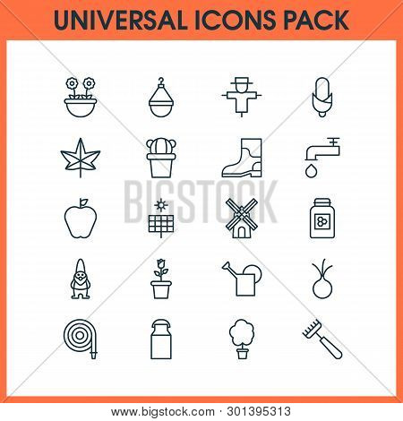 Farm Icons Set With Apple, Honey, Hose And Other Bugbear Elements. Isolated Vector Illustration Farm
