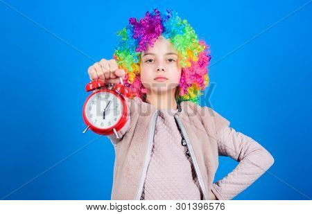 Punctuality Is A Kingly Virtue. Cute Little Child Demanding Punctuality. Adorable Small Girl Strictl