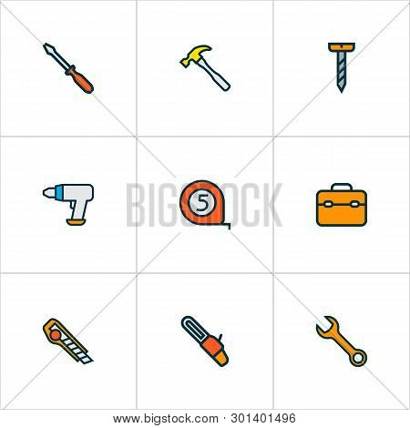Handtools Icons Colored Line Set With Tape Measure, Utility Knife, Screw And Other Carpentry Element