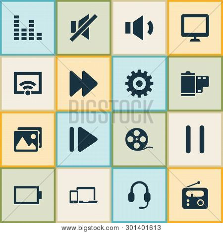 Music Icons Set With Wifi, Display, Sound Off And Other Gear Elements. Isolated Vector Illustration 