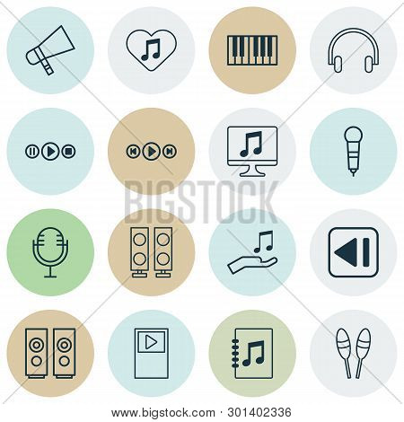 Multimedia Icons Set With Media Player, Audio Buttons, Synthesizer And Other Beat Instrument Element