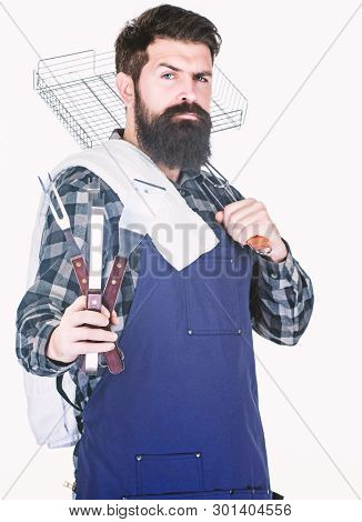 Welcome To My Bbq. Confident Grill Cook. Bearded Man Holding Grilling Basket And Tools For Barbecue.