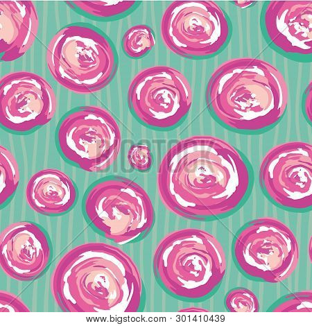Contemporary Hand Drawn Pink And White Painted Swirly Circles. Vector Seamless Pattern On Subtly Doo