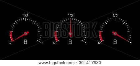 Realistic Illustration Of Fuel Indicator Set With Full, Empty And Half Tank. Isolated On Black Backg