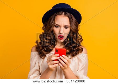 Close-up Portrait Of Her She Nice-looking Attractive Lovely Winsome Discontent Wavy-haired Lady Usin