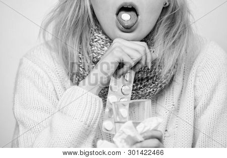 Take Pills Relieve Fever. Drink Plenty Of Fluids. Breaking Fever Concept. Girl Take Medicine To Brea