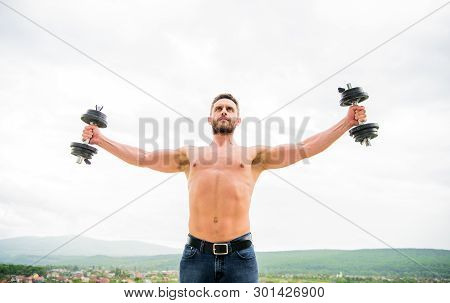 Morning Workout. Fitness And Sport Equipment. Success. Perfect Biceps. Athletic Body. Dumbbell Gym. 