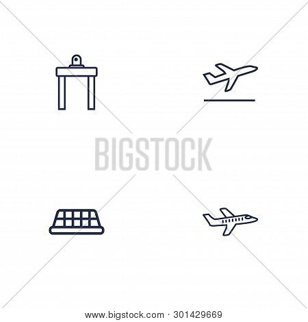 Set Of 4 Plane Icons Line Style Set. Collection Of Departure, Aicraft, Cab And Other Elements.