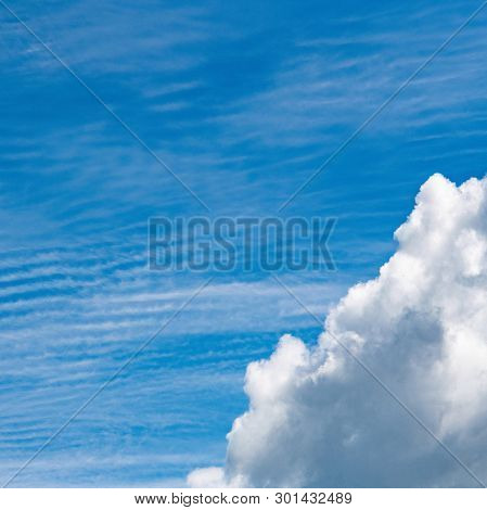 Blue Sky Cumulus Clouds. Clear Cloudscape On Sunny Day. Serenity And Calm