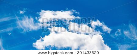 Blue Sky Cumulus Clouds. Clear Cloudscape On Sunny Day. Serenity And Calm