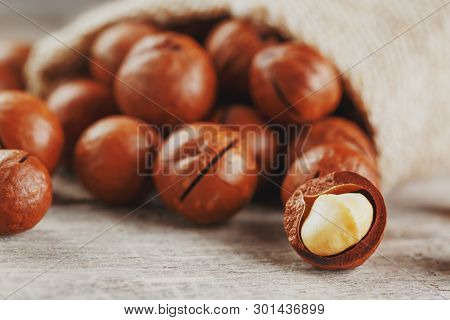Macadamia Nut On A Wooden Table In A Bag, Closeup, Top View