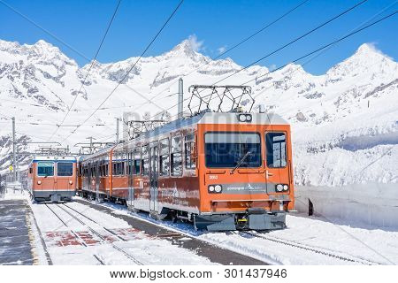 Riffelberg, Switzerland - April 13, 2018: The Matterhorn Gotthard Bahn Also Known As The Gornergrat 