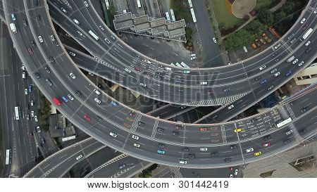 Aerial View Of Roundabout Of Nanpu Bridge, Shanghai Downtown, China. Financial District And Business