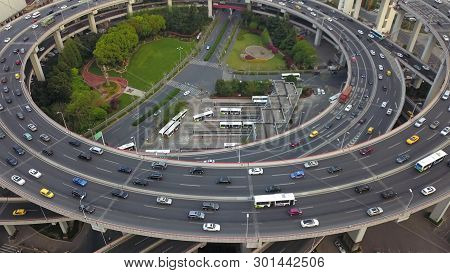 Aerial View Of Roundabout Of Nanpu Bridge, Shanghai Downtown, China. Financial District And Business
