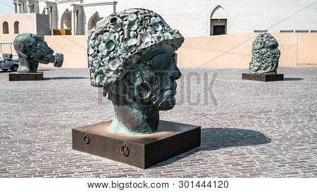 Doha, Qatar - February 2019: Picture Of A Set Of Sculptures Made Of Everyday Life Objects, Exhibited