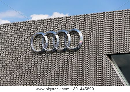 Prague, Czech Republic - May 6 2019: Audi Company Logo On Dealership Building On May 6, 2019 In Prag