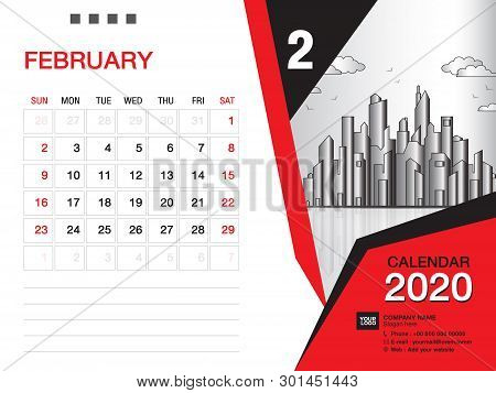 Desk Calendar 2020 Template Vector, February 2020 Month, Business Layout, 8x6 Inch, Week Starts Sund