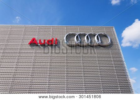 Prague, Czech Republic - May 6 2019: Audi Company Logo On Dealership Building On May 6, 2019 In Prag