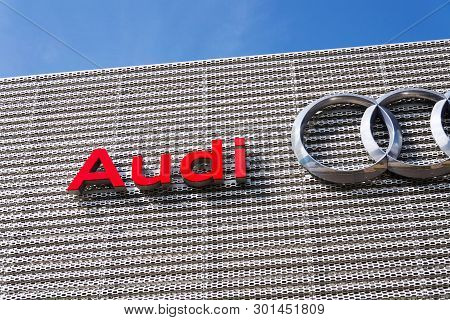 Prague, Czech Republic - May 6 2019: Audi Company Logo On Dealership Building On May 6, 2019 In Prag