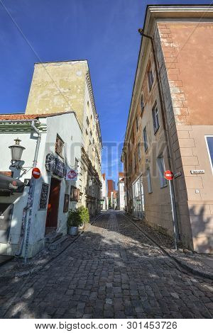 Klaipeda, Lithuania - August 16, 2017: Facades Of Old Stone Houses In The Center Of Klaipeda Town An
