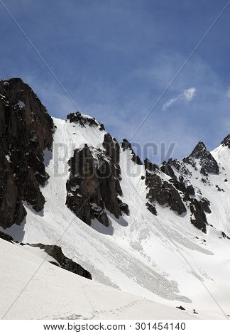 Snow Sunlit Mountain Range With Traces From Avalanches In Sunny Winter Day. Turkey, Kachkar Mountain