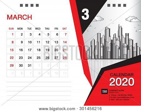Desk Calendar 2020 Template Vector, March 2020 Month, Business Layout, 8x6 Inch, Week Starts Sunday,