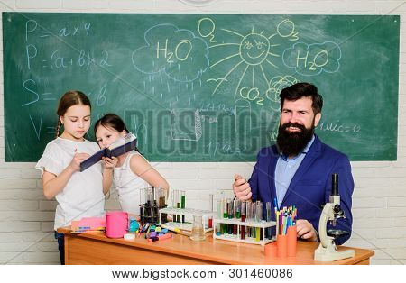 School Kids Scientist Studying Science. Back To School. Happy Children Teacher. Little Kids Learning