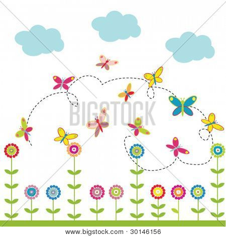 Farfalle e fiori. Stile cartoon.