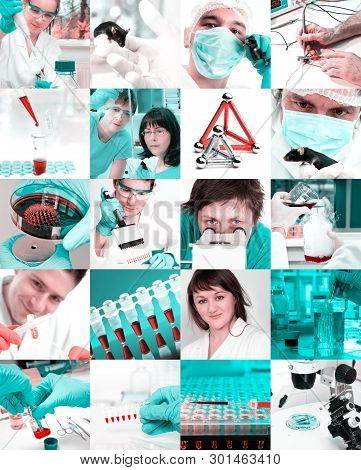 Scientists Working In The Lab, Collage With Several Square Images