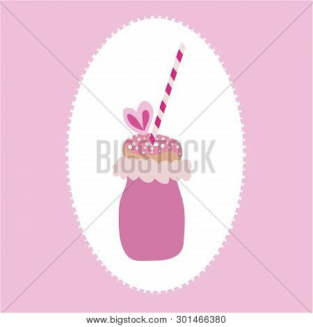 Vector Of Trendy Freakyshake With Cotton Candy, Doughnut With Sprinkles, And A Straw On A Pink And W