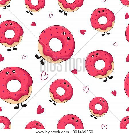 Seamless Pattern With Kawaii Sweet Food - Donuts And Hearts On White Background. Endless Texture Wit