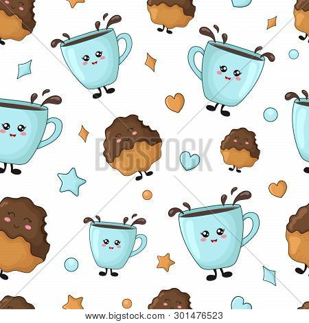 Seamless Pattern With Kawaii Sweet Food - Cookies, Cup Of Coffee On White Background. Endless Textur
