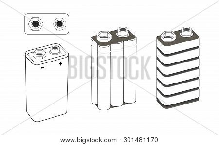 9 Volt Nickel, Alkaline Or Lithium Battery Scheme. Battery Inside. Isolated Vector Illustration.