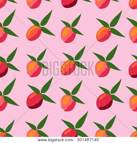 Seamless Pattern Of Peaches On A Pink Background.
