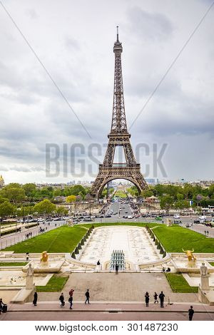 Paris, France - 24.04.2019: Aerial View Of Tower Eiffel On Beautiful Cloudy Sky In Paris In France