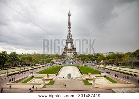 Paris, France - 24.04.2019: Aerial View Of Tower Eiffel On Beautiful Cloudy Sky In Paris In France