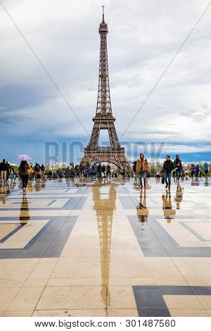 Paris, France - 24.04.2019: Aerial View Of Tower Eiffel On Beautiful Cloudy Sky In Paris In France